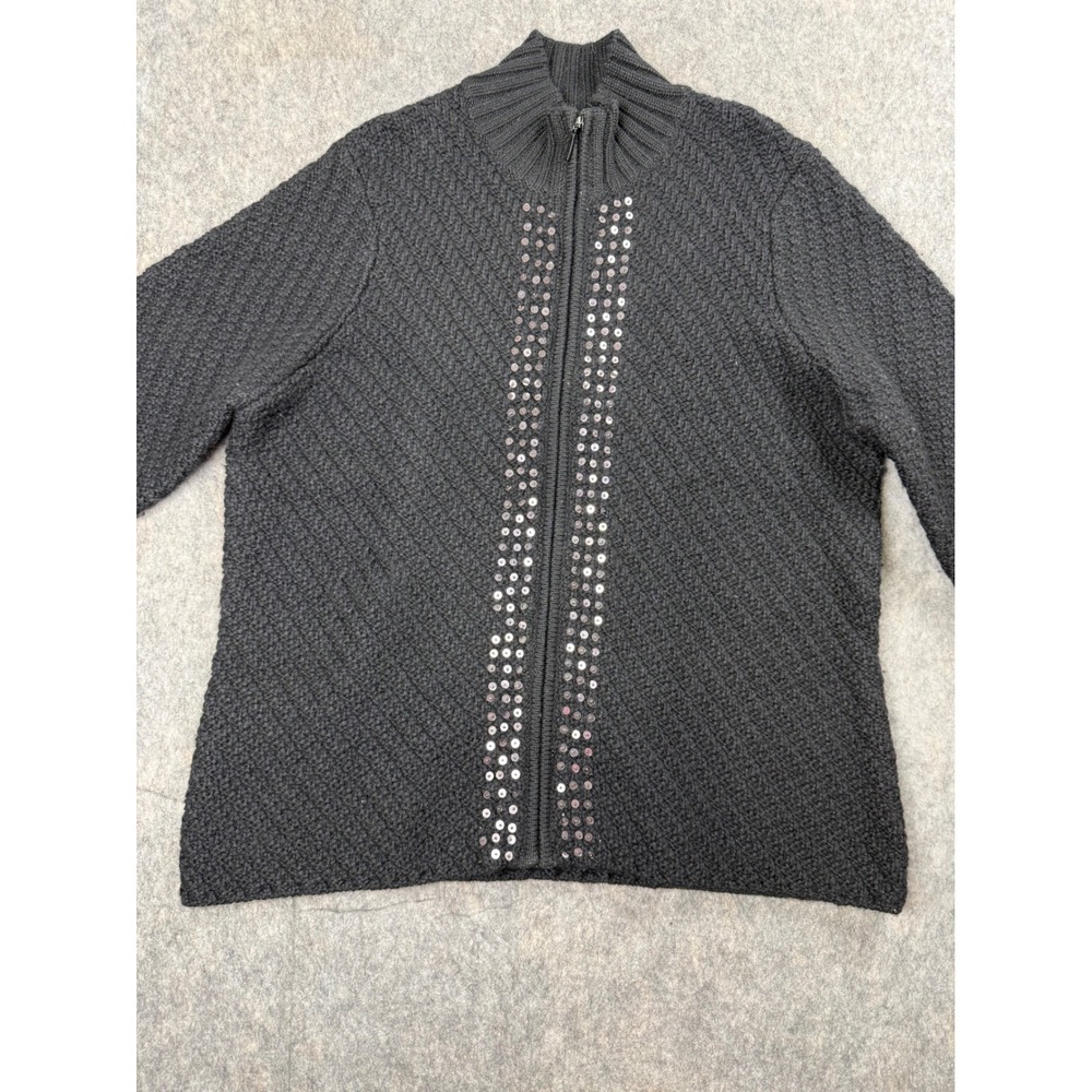 Jillian Jones Woman Black 100% Wool Sequin Zip Front Cardigan Sweater 1X
